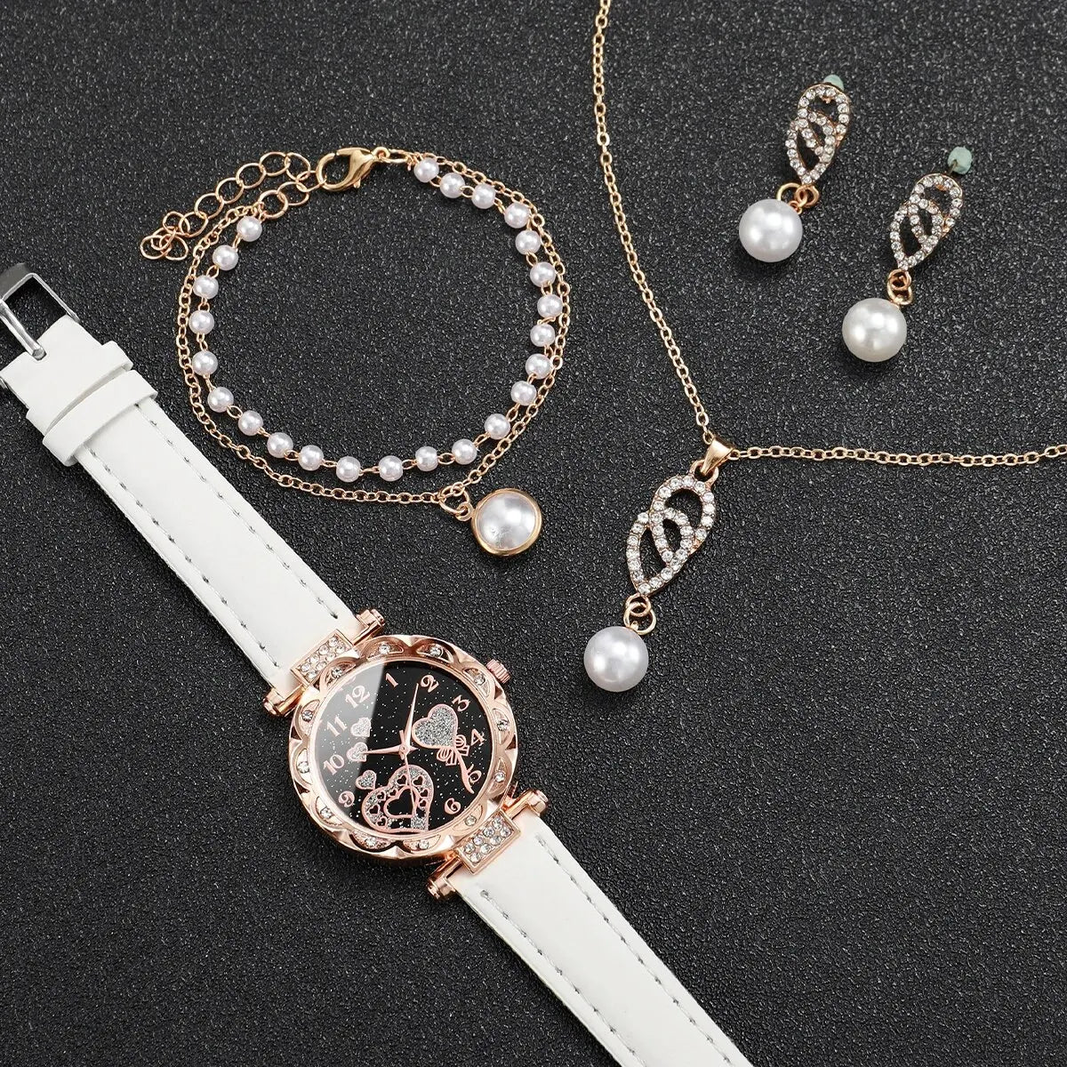 4pcs/set Rhinestone Quartz Watch Jewelry Set