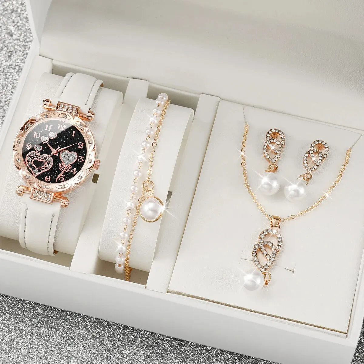 4pcs/set Rhinestone Quartz Watch Jewelry Set