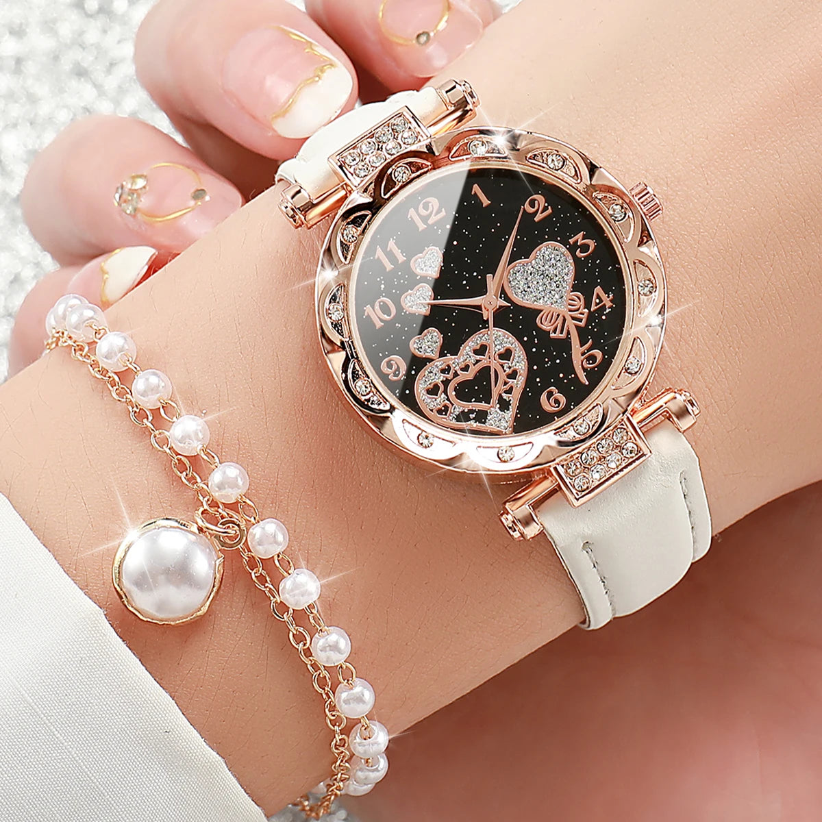 4pcs/set Rhinestone Quartz Watch Jewelry Set