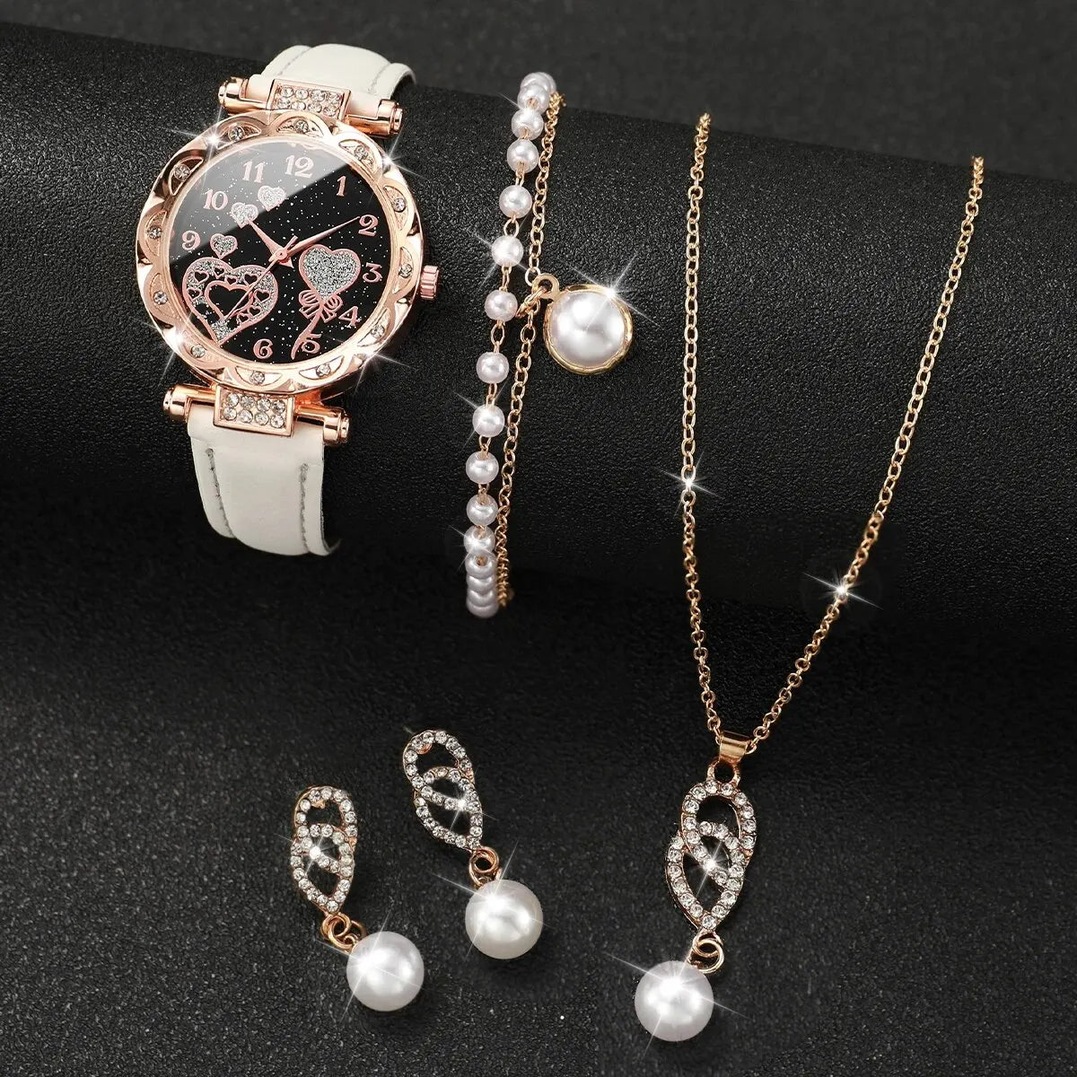 4pcs/set Rhinestone Quartz Watch Jewelry Set