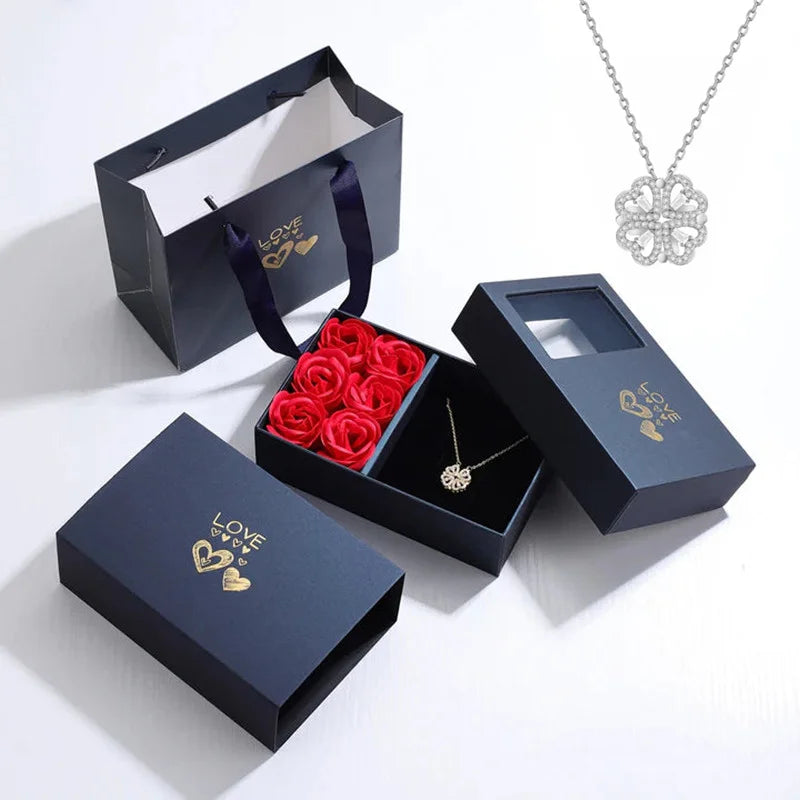 Magnetic Folding Heart Necklace Rose Box